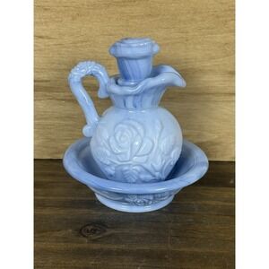 VTG Avon Blue Glass‎ Pitcher Bowl Soap Set Blue Slag Milk Glass W/ Original Soap